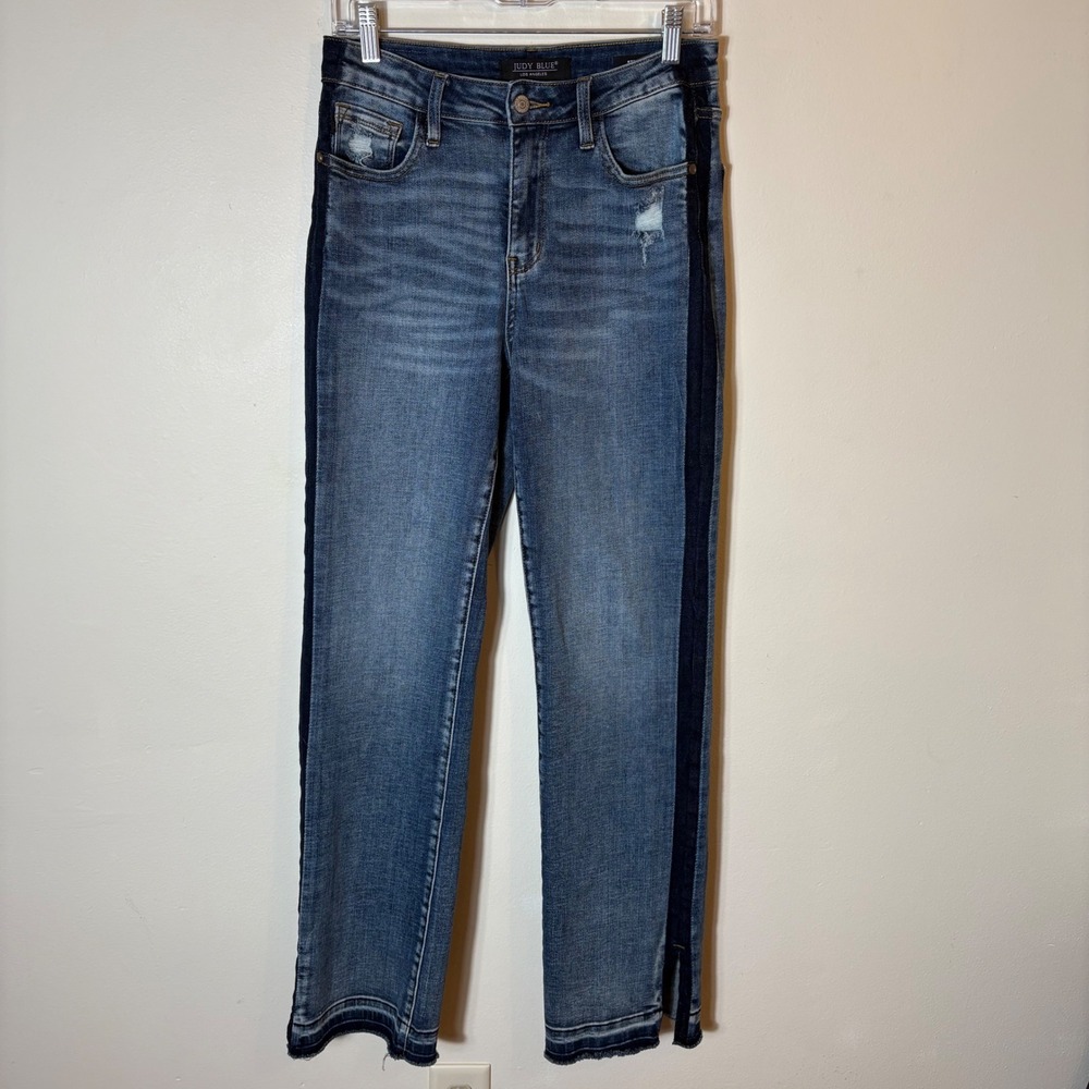 Judy Blue JB88641‎ Straight Leg Side Stripe Distressed Jeans Blue Women's 5/27